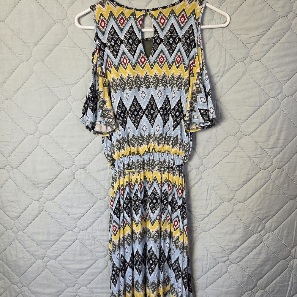Ann Taylor Loft Multi Color Geometric Cold Shoulder Dress Sz XS Boho Blue Yellow - Picture 8 of 9